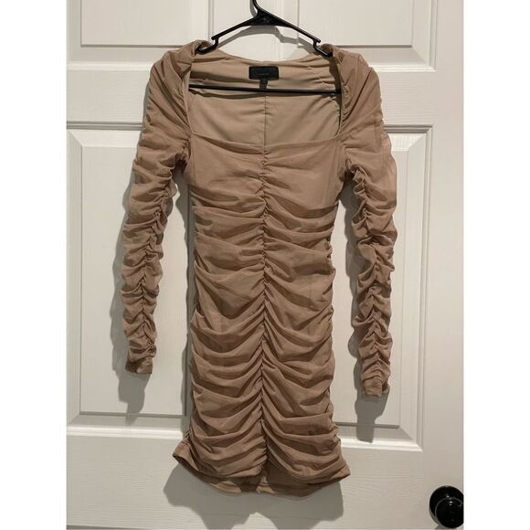 NWOT Michael Costello x REVOLVE Franky Mini Ruched Long Sleeve Nude Dress Medium - Picture 3 of 13